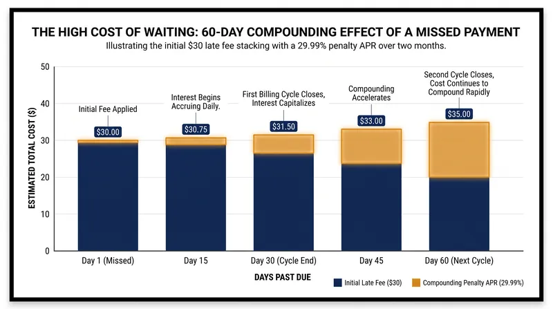 Beyond the initial late fee, missing a payment by 60 days can trigger a penalty APR approaching 30%.