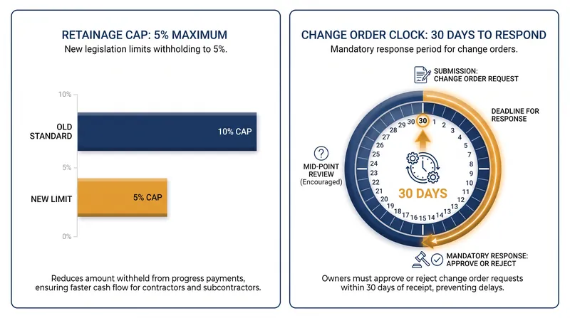 SB 61 and SB 440 introduce strict limits on withheld payments and mandate a 30-day response window for change-order claims.