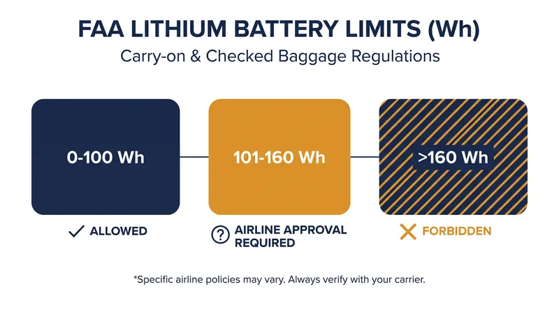 Standard lithium-ion battery limits for commercial air travel.