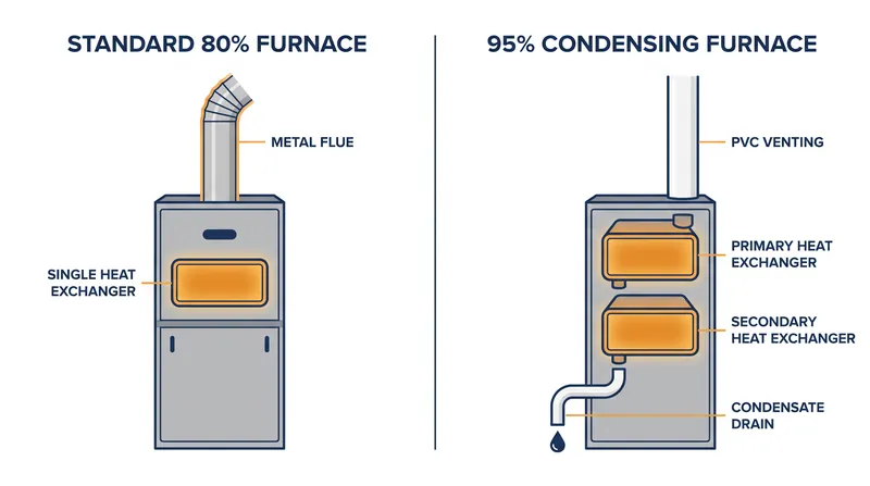 Condensing furnaces capture wasted heat through a secondary heat exchanger, cooling the exhaust enough that it condenses into a liquid.