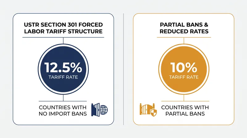 The two-tier penalty system applies a 12.5% or 10% tariff based on a country's progress in implementing forced labor import bans.