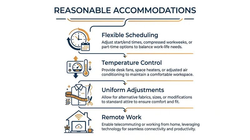 Examples of practical workplace adjustments required by the mandate.