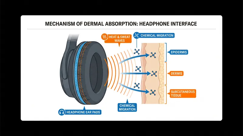 Heat and sweat can accelerate the migration of trace chemicals from synthetic ear cushions onto the skin.