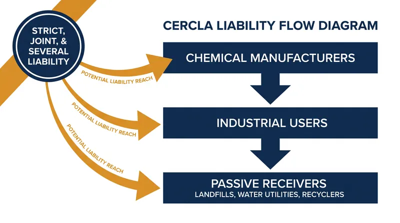 Under CERCLA, liability for cleanup costs can extend far beyond the original manufacturers to downstream passive receivers.