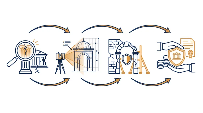 The four-step mechanism international heritage networks use to protect and stabilize cultural sites in conflict zones.