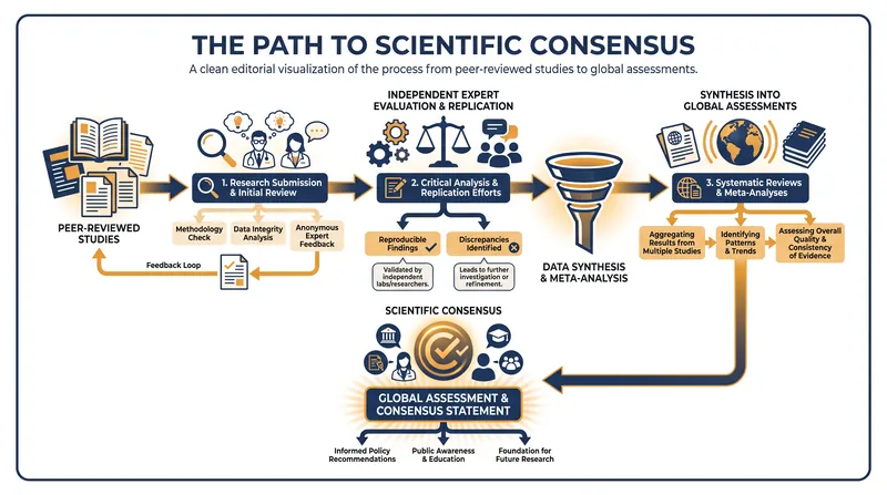 How scientific consensus is built through distributed verification and peer review.