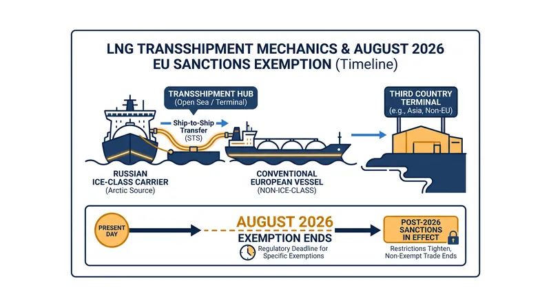 How transshipment exemptions allow European vessels to continue servicing Russian LNG exports to non-EU markets.