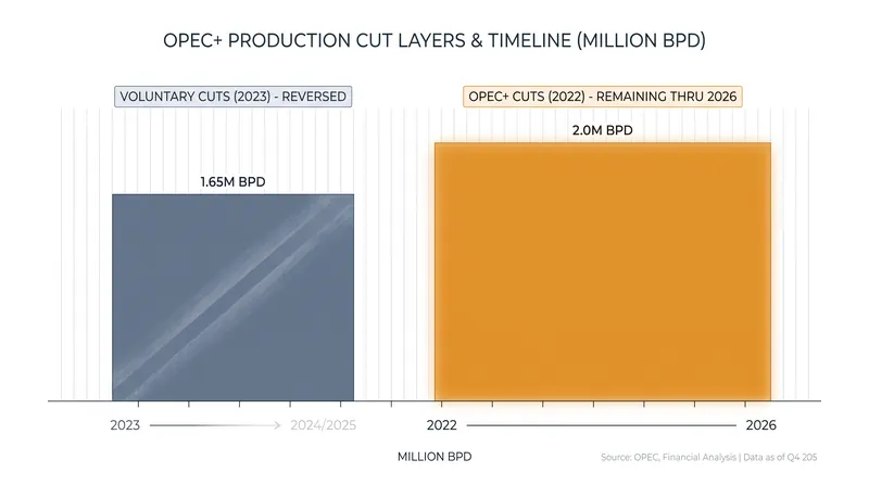 While the 2023 voluntary cuts have been fully reversed, the broader 2 million bpd baseline cuts from 2022 remain in place.