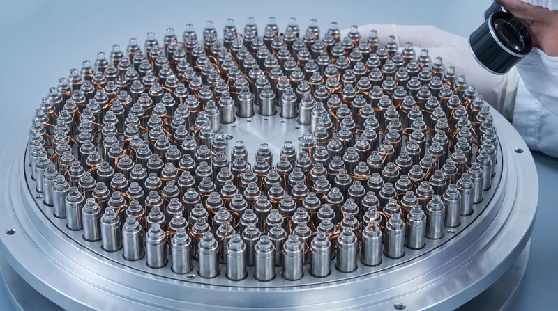 DESI uses 5,000 robotic fiber-optic positioners to capture spectra from thousands of galaxies simultaneously.