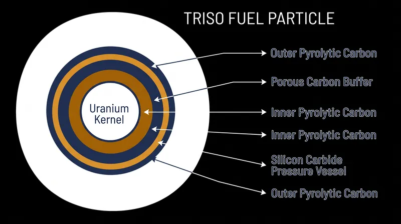 Each TRISO particle consists of a uranium kernel surrounded by four protective layers of carbon and ceramic materials.