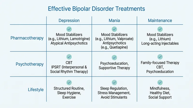 Different medications and therapies show varying levels of efficacy depending on the specific mood phase being treated.
