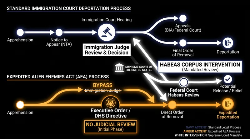 How the Alien Enemies Act bypasses standard immigration courts, and where the Supreme Court mandated due process.