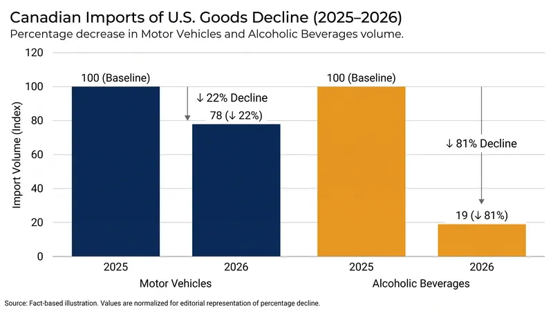 The U.S. cites steep declines in American vehicle and alcohol exports as justification for the new tariffs.