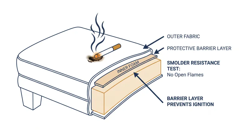 The smolder test evaluates how assembled materials react to a dropped cigarette, replacing the outdated practice of holding an open flame directly to the interior foam.
