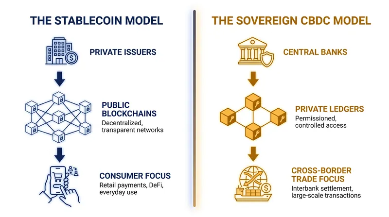 How the U.S. stablecoin model differs structurally from the sovereign CBDC model.