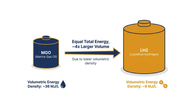 Liquefied hydrogen requires roughly four times the physical storage space of traditional marine diesel.