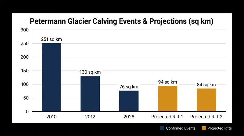Historical and projected calving events at Petermann Glacier.