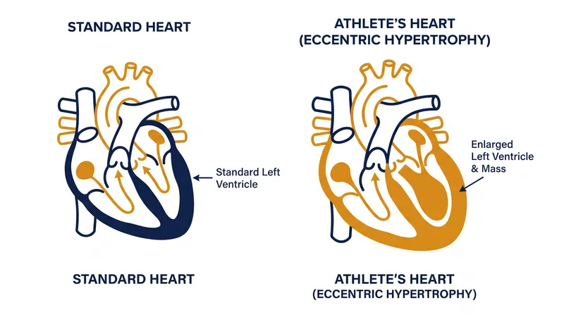 High-volume exercise induces eccentric hypertrophy, allowing the left ventricle to pump more blood per beat.