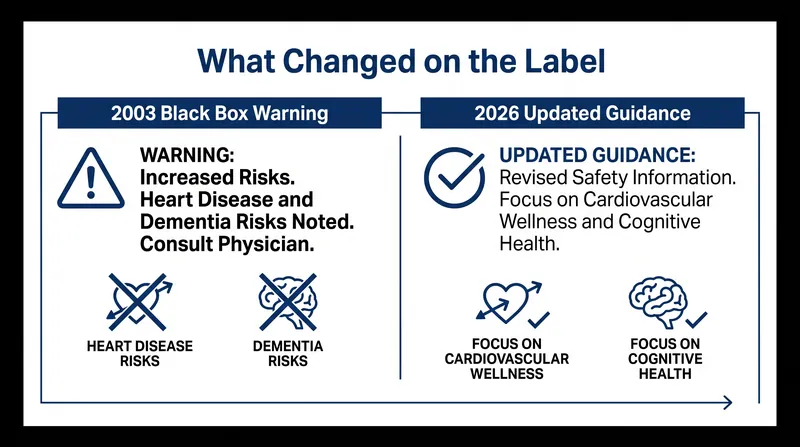 The FDA has removed broad warnings for heart disease and dementia, while retaining specific cautions like the endometrial cancer risk for unopposed estrogen.
