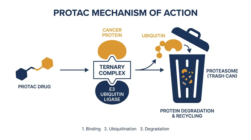 Unlike traditional inhibitors that block proteins, PROTACs tag disease-causing proteins for complete destruction by the cell's natural disposal system.