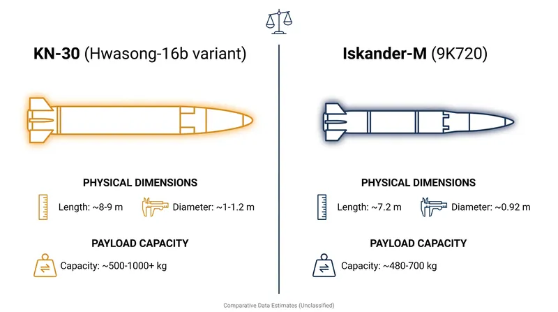 The KN-30 delivers approximately five times the explosive payload of Russia's primary domestic tactical ballistic missile.