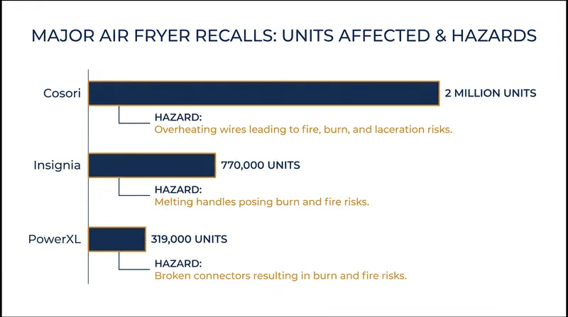 The scale and specific mechanical failures of the three major air fryer recalls.