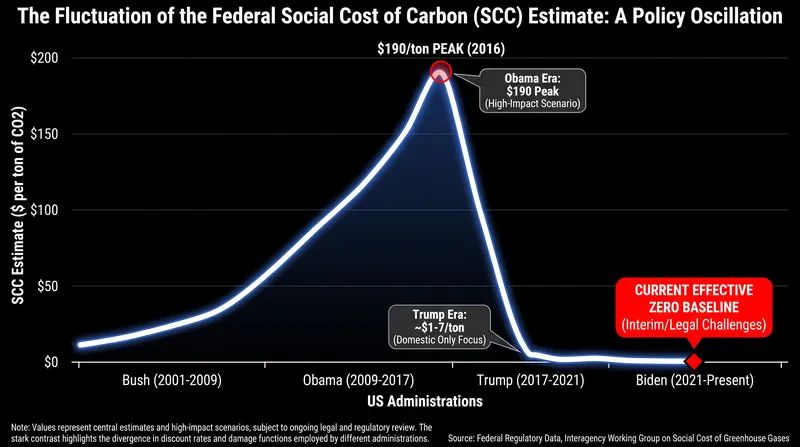 The federal estimate for the Social Cost of Carbon has swung wildly depending on the discount rate chosen by successive administrations.