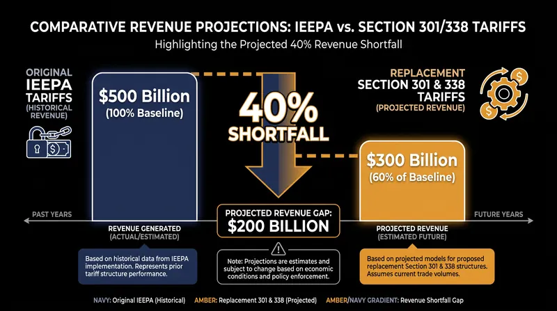 Replacement tariffs imposed by the administration are projected to cover less than 60 percent of the revenue lost from the IEEPA ruling.