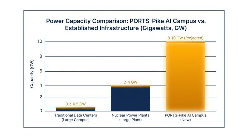 The planned 10-gigawatt capacity of the Ohio AI campus dwarfs traditional data centers and rivals major nuclear power plants.