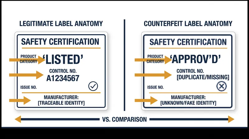 How to spot a fake: Legitimate certification marks include specific control numbers and permanent printing.