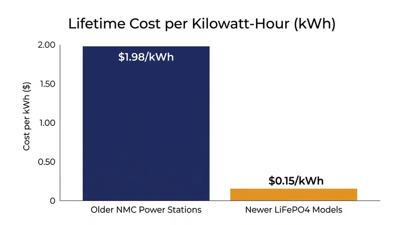 Because LiFePO4 batteries last significantly longer, their lifetime cost per kilowatt-hour is drastically lower.