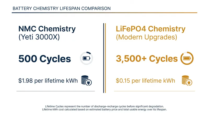 The older NMC battery chemistry in the Yeti 3000X offers a fraction of the lifespan found in modern LiFePO4 alternatives.