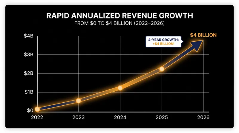 Cursor reached roughly $4 billion in annualized recurring revenue in under four years, driven heavily by enterprise adoption.
