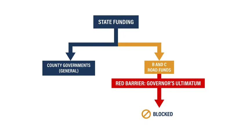 The governor's office has threatened to suspend critical B and C road funds to counties that oppose the state's housing mandates.