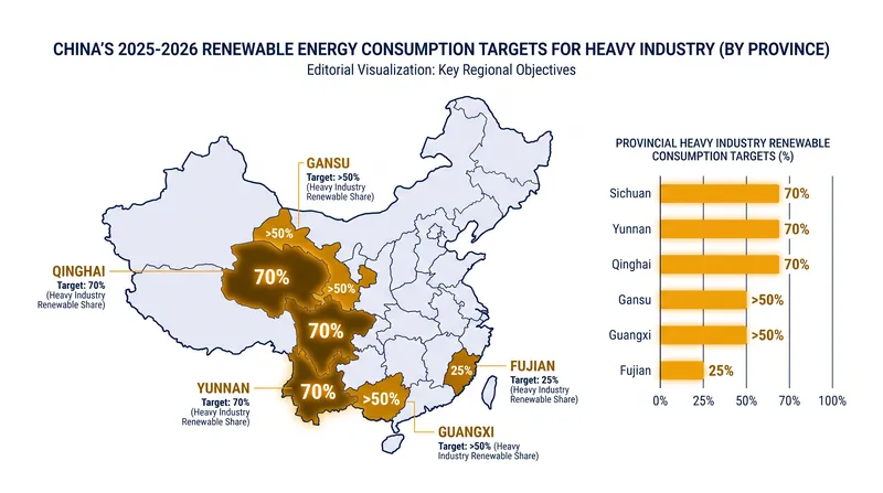 Provincial renewable energy consumption targets for heavy industry in 2025 and 2026.