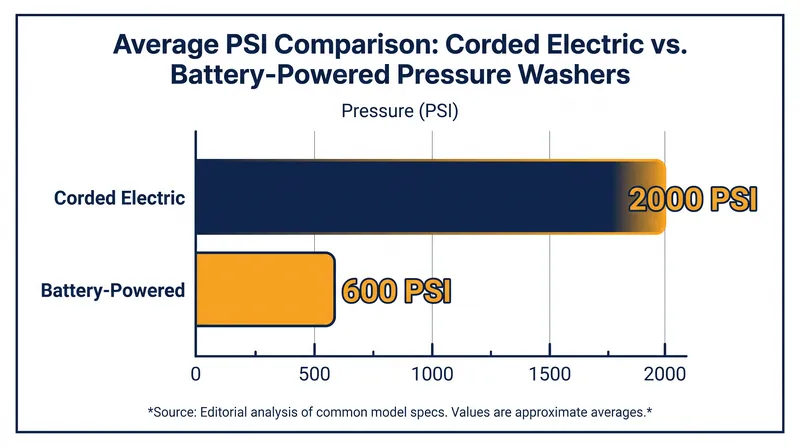 Corded models offer significantly higher pressure, while battery platforms prioritize mobility.