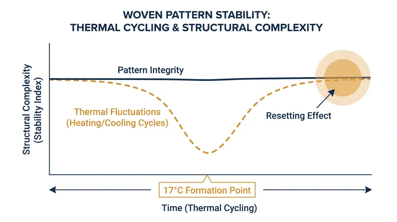 Thermal cycling resets the woven fabric, generating a completely new pattern each time it cools.