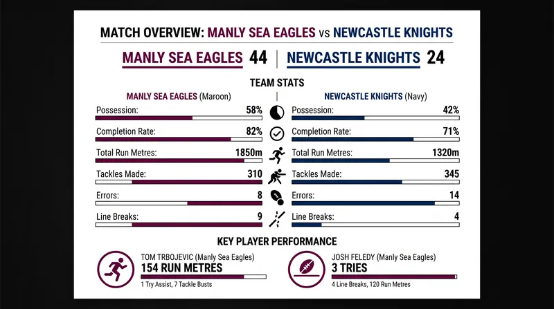 Key statistics from Manly's dominant 44-24 victory over Newcastle.