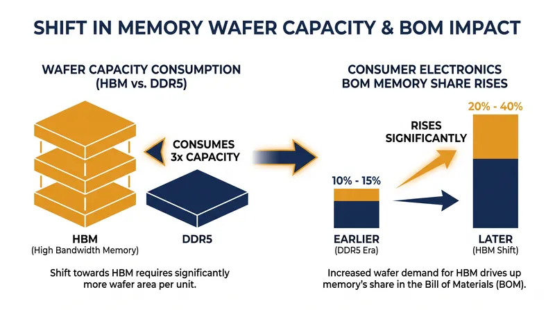 High Bandwidth Memory (HBM) consumes significantly more wafer capacity than conventional DRAM, driving up consumer device costs.