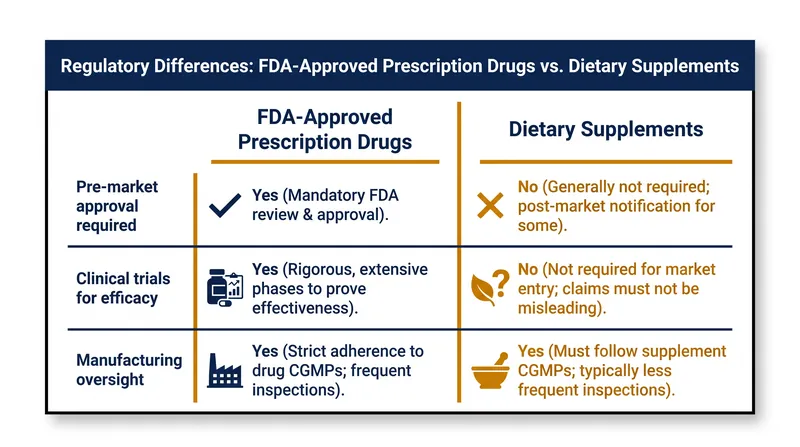 Dietary supplements face a significantly lower regulatory burden than prescription medications.