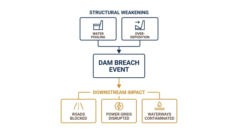 A single point of failure in a tailings dam can cascade into regional infrastructure and ecological damage.