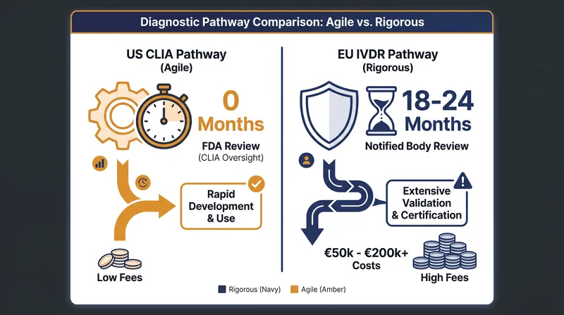 The stark divergence in timeline and cost between the US and EU diagnostic markets.