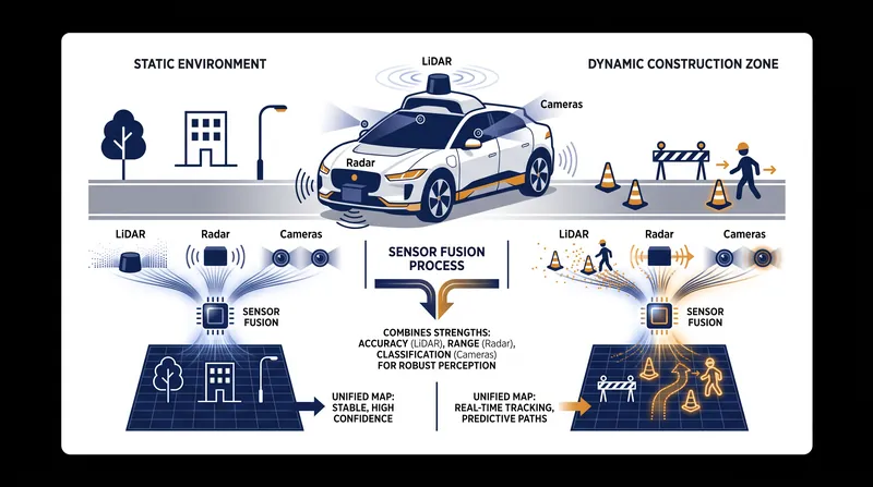 Autonomous vehicles rely on sensor fusion to navigate, but temporary construction zones can disrupt their pre-mapped routes.