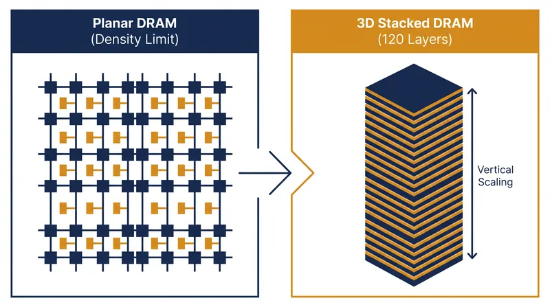 Unlike traditional planar memory, 3D DRAM stacks memory cells vertically to drastically increase density without expanding the chip's physical footprint.
