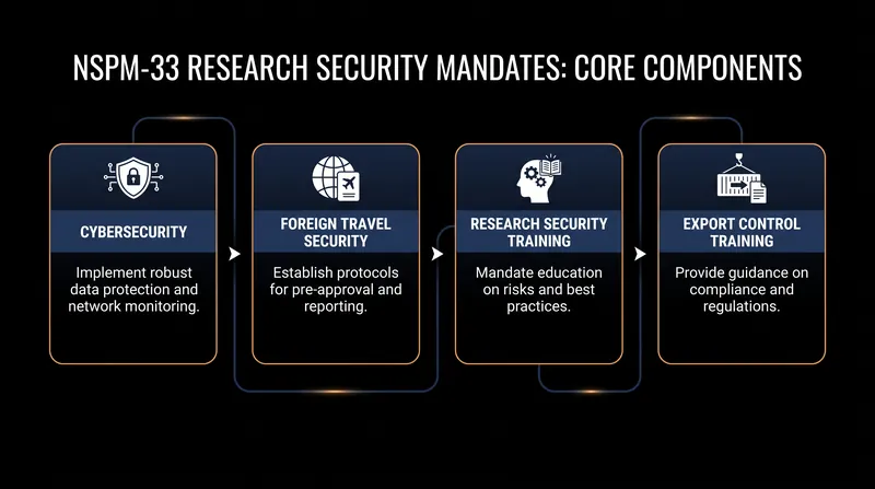 The four pillars of the federal government's mandated research security programs for universities.