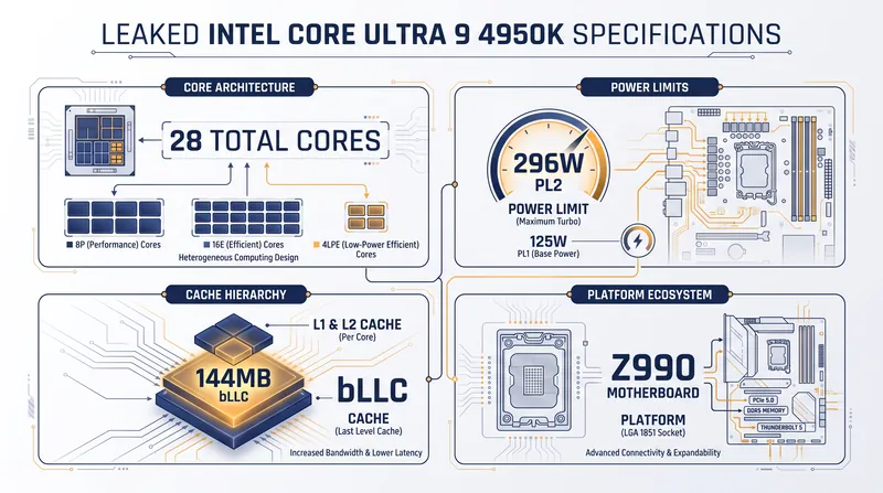 The rumored specifications for the Core Ultra 9 4950K highlight a massive core count and a significant increase in power draw.