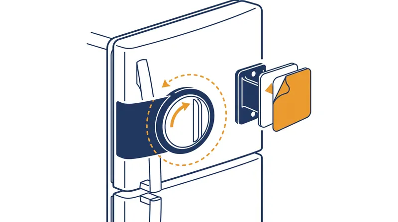 Modern refrigerator locks use strong adhesives and one-handed rotational mechanisms, eliminating the need for bulky straps or separate keys.
