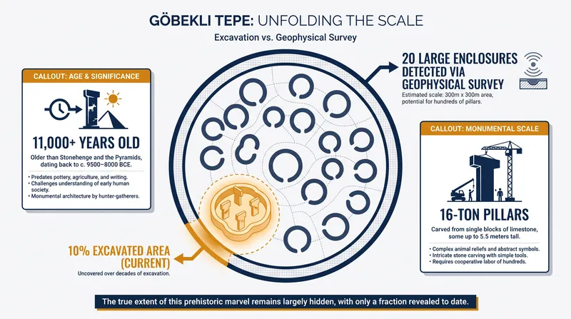 Geophysical surveys reveal that the vast majority of Göbekli Tepe's structures remain buried beneath the surface.