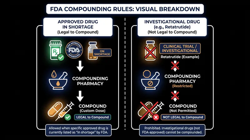 Because retatrutide is not an FDA-approved medication, it does not qualify for the compounding exemptions used during drug shortages.