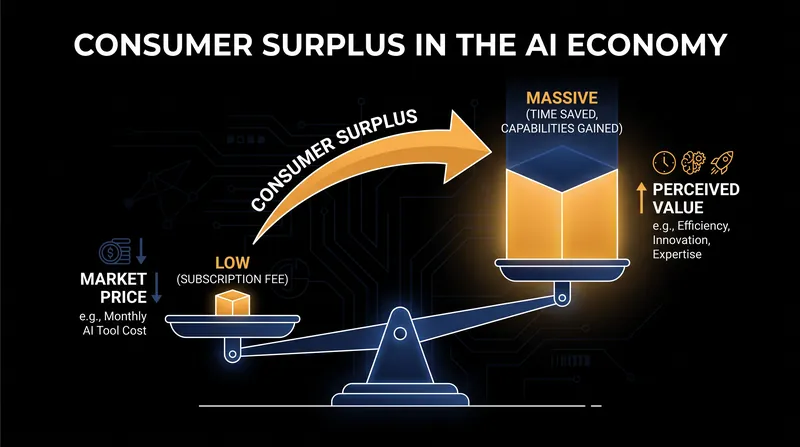 Traditional GDP metrics often fail to capture the massive consumer surplus generated by low-cost generative AI tools.